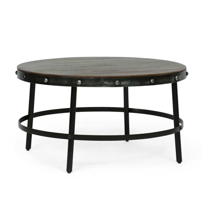 Modern Industrial Handcrafted Round Mango Wood Coffee Table, Brown and Antique Gunmetal - NH710513