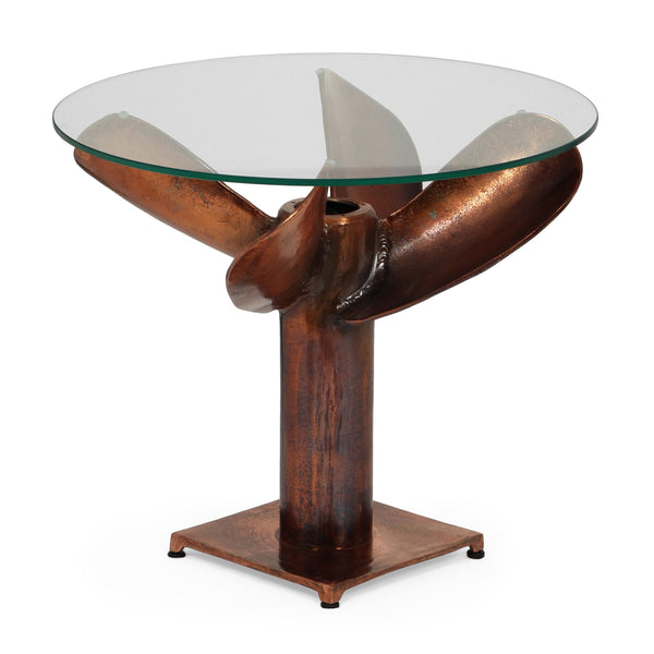 Boho Glam Handcrafted Aluminum Glass Top Propeller Side Table, Burnt Copper - NH168413