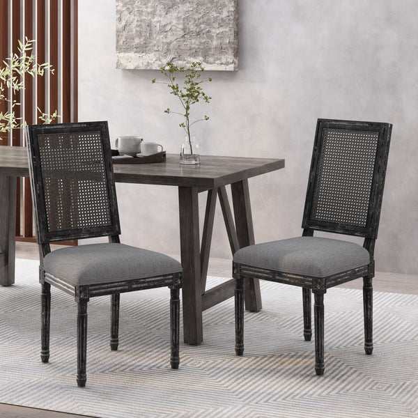 French Country Wood and Cane Upholstered Dining Chair, Set of 2 - NH784513