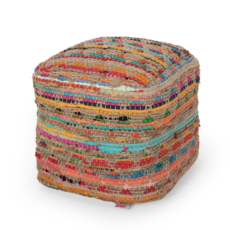Handcrafted Boho Fabric Cube Pouf - NH528313