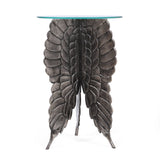 Boho Glam Handcrafted Aluminum Fairy Wing Accent Table with Glass Top, Antique Nickel - NH312513