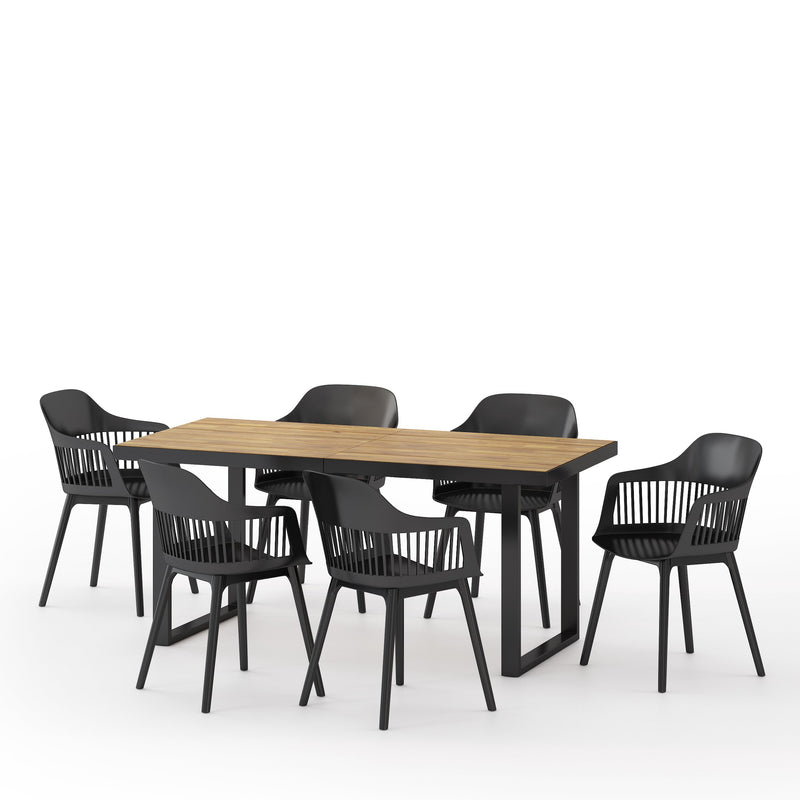 Outdoor Wood and Resin 7 Piece Dining Set, Black and Teak - NH540513