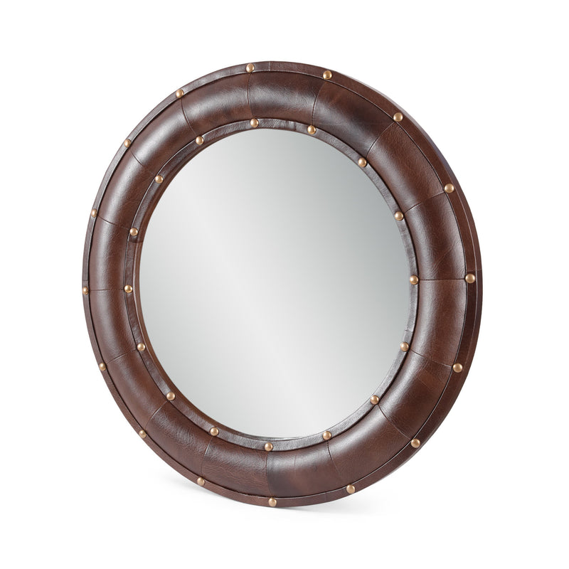 Handcrafted Boho Studded Leather Round Wall Mirror - NH690413