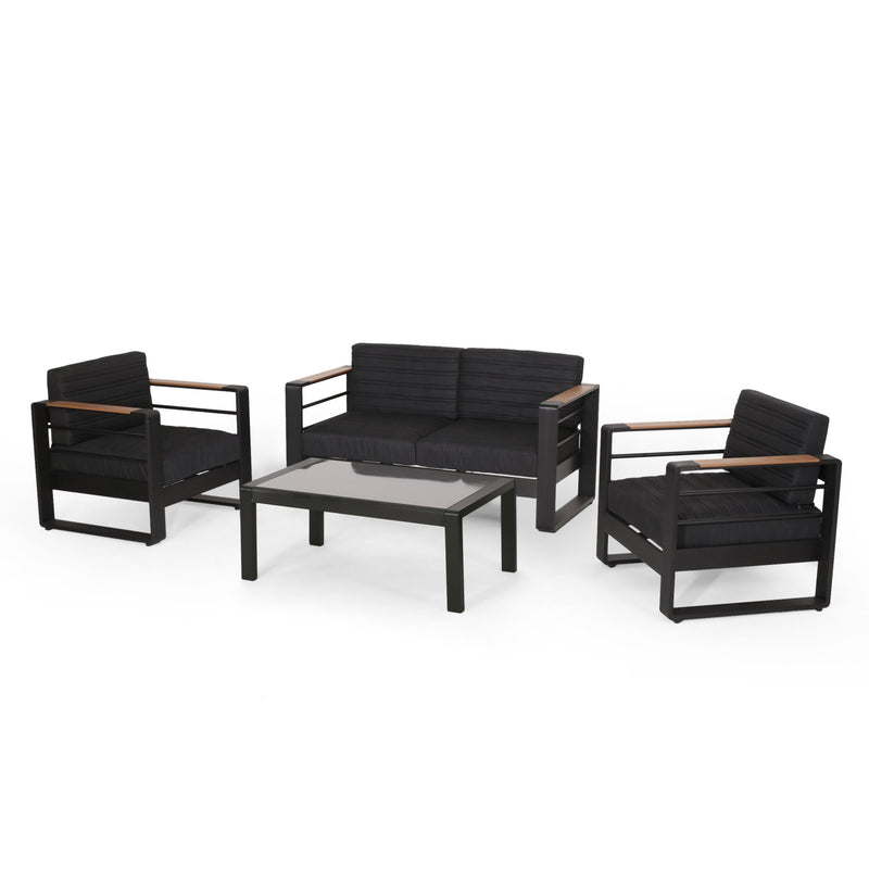 Outdoor Aluminum 4 Seater Chat Set, Black, Natural, and Gray - NH734413