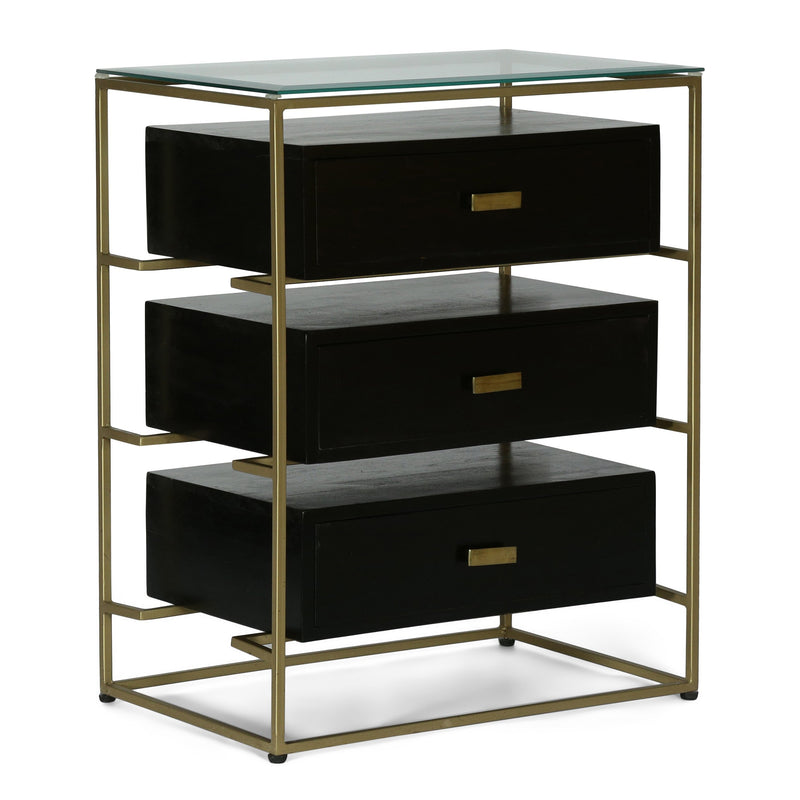 Modern Handcrafted 3 Drawer Glass Top Nightstand, Black and Brass - NH117413