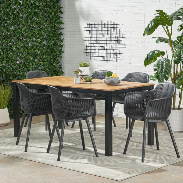 Outdoor Wood and Resin 7 Piece Dining Set, Black and Teak - NH250513
