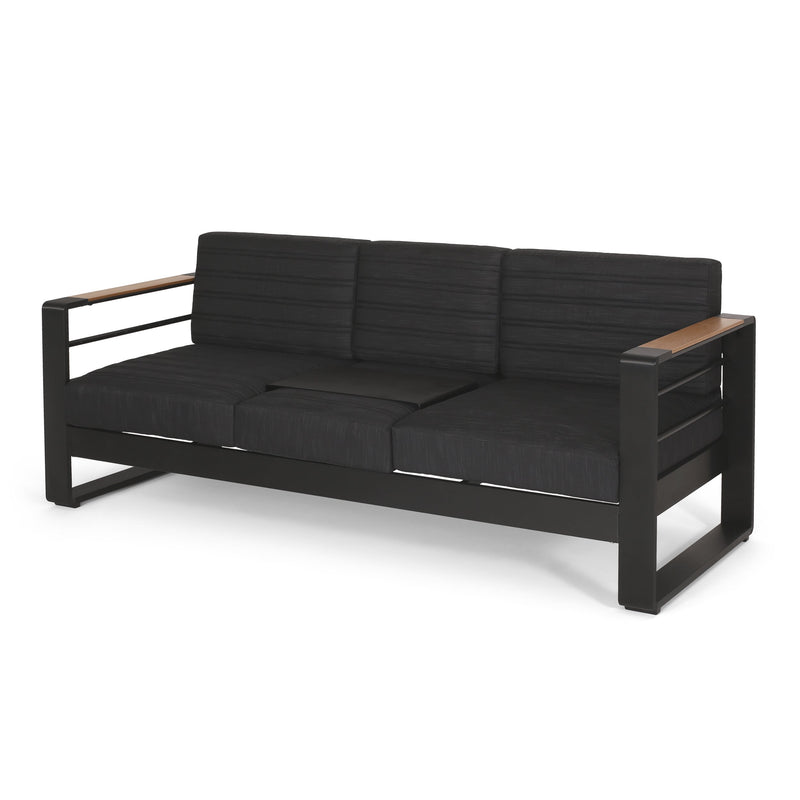 Outdoor Aluminum 3 Seater Sofa with Water Resistant Cushions, Black, Natural, and Dark Gray - NH258413