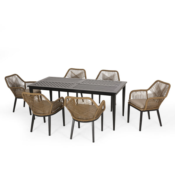 Outdoor Wicker 7 Piece Dining Set with Cushion, Matte Black, Light Brown, and Beige - NH081513