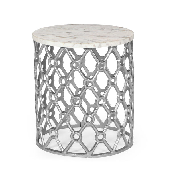 Modern Glam Handcrafted Marble Top Aluminum Side Table, Nickel and White - NH527413