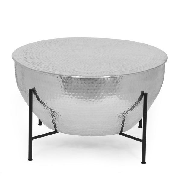 Modern Handcrafted Aluminum Drum Coffee Table with Stand, Silver and Black - NH529413