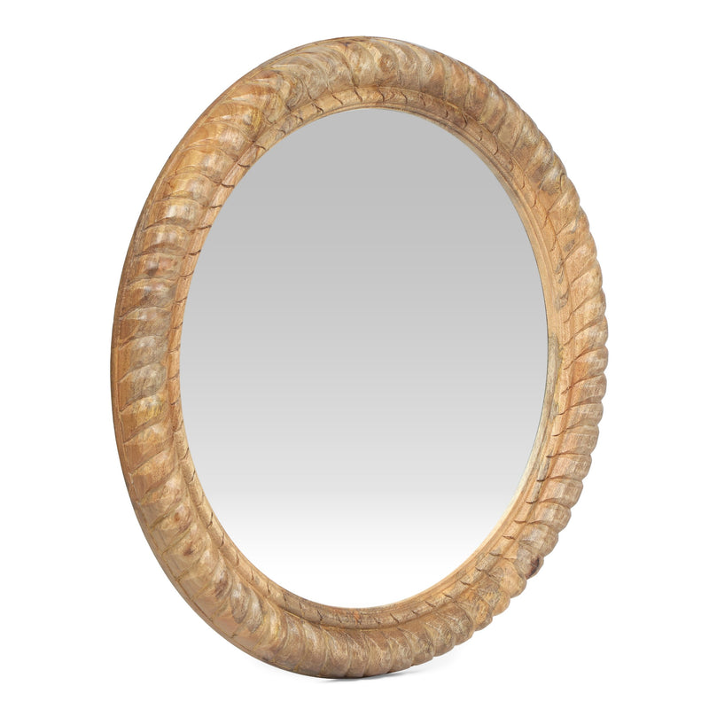 Traditional Handcrafted Round Mango Wood Wall Mirror, Natural - NH084413
