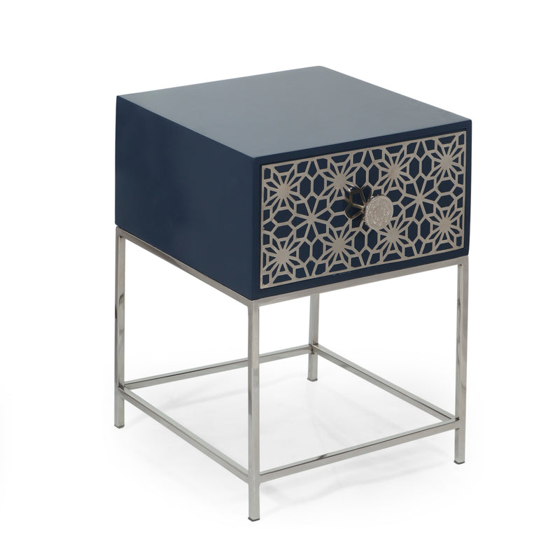 Modern Glam Handcrafted Moroccan Mesh Nightstand, Navy Blue and Nickel - NH469413