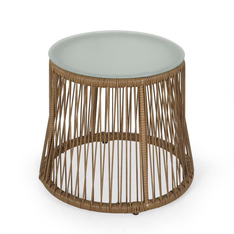 Outdoor Wicker Side Table with Glass Top, Light Brown - NH699413