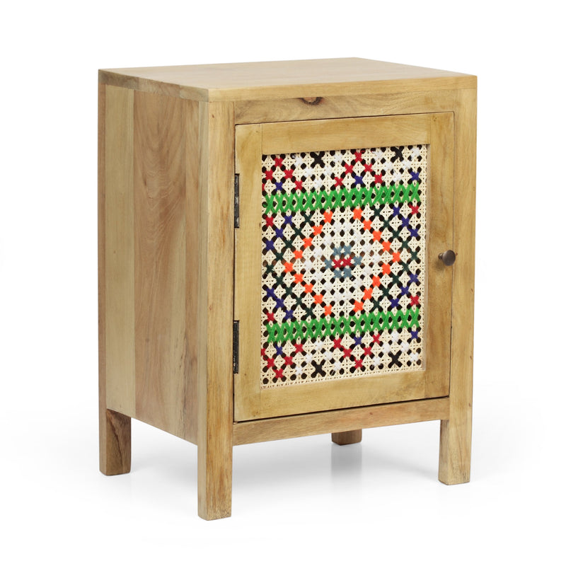 Boho Handcrafted Mango Wood Nightstand with Wool Accents, Natural and Multi-Colored - NH269413