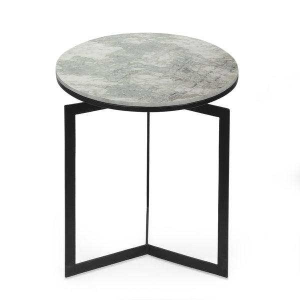 Modern Glam Handcrafted Marble Top Side Table, Natural White and Black - NH268413