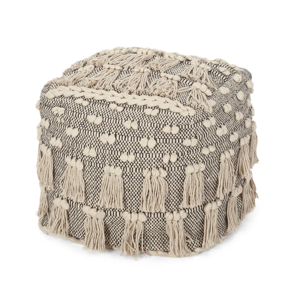 Handcrafted Boho Fabric Cube Pouf with Tassels - NH569313