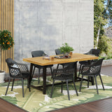 Outdoor Wood and Resin 7 Piece Dining Set, Black and Sandblasted Teak - NH040513