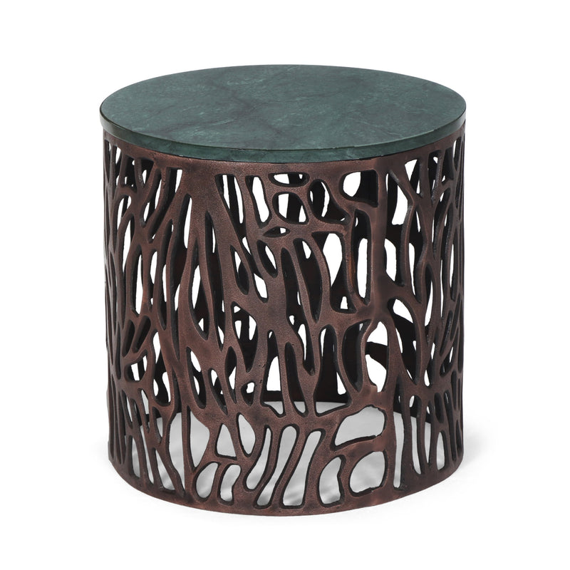 Boho Handcrafted Aluminum Side Table with Marble Top, Green and Bronze - NH236413