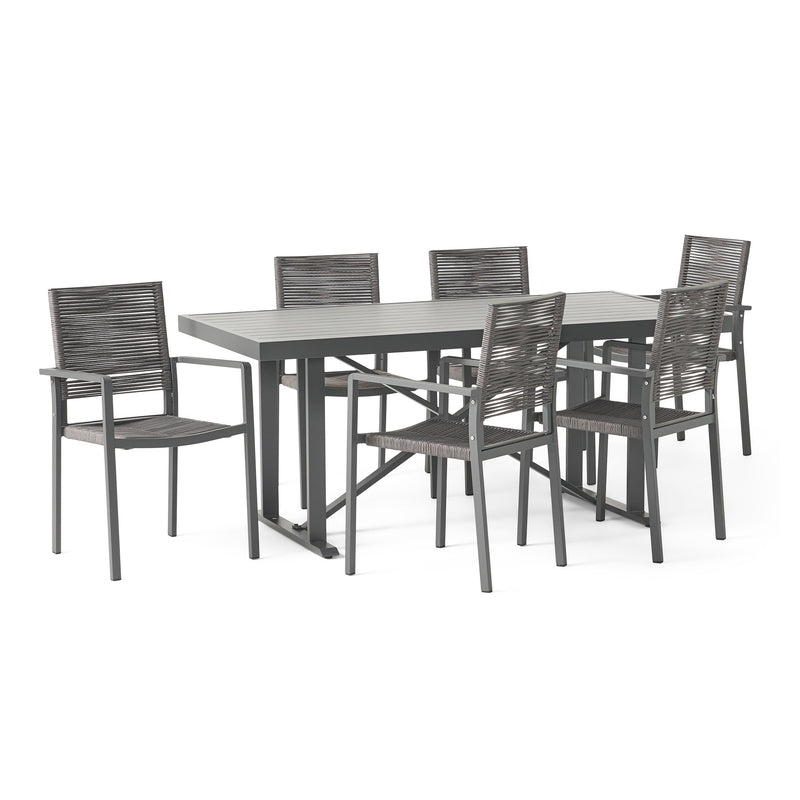 Outdoor Modern Industrial Aluminum 7 Piece Dining Set with Rope Seating - NH305313
