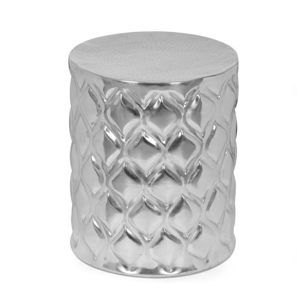 Modern Glam Handcrafted Aluminum Ikat Side Table, Silver - NH190513