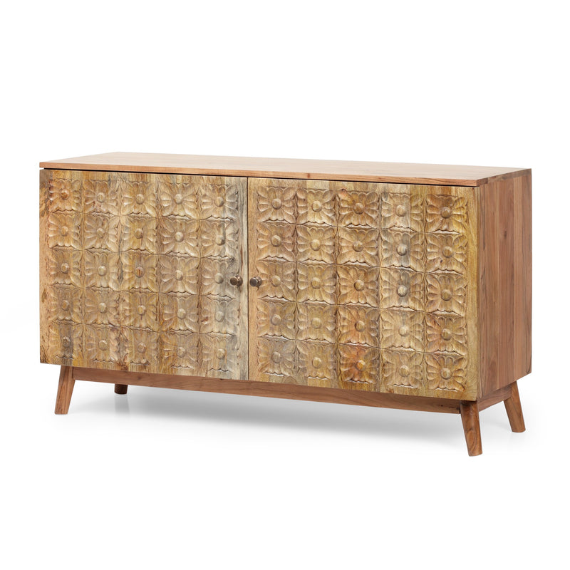 Handcrafted Boho Acacia Wood 2 Door Cabinet, Natural - NH755413
