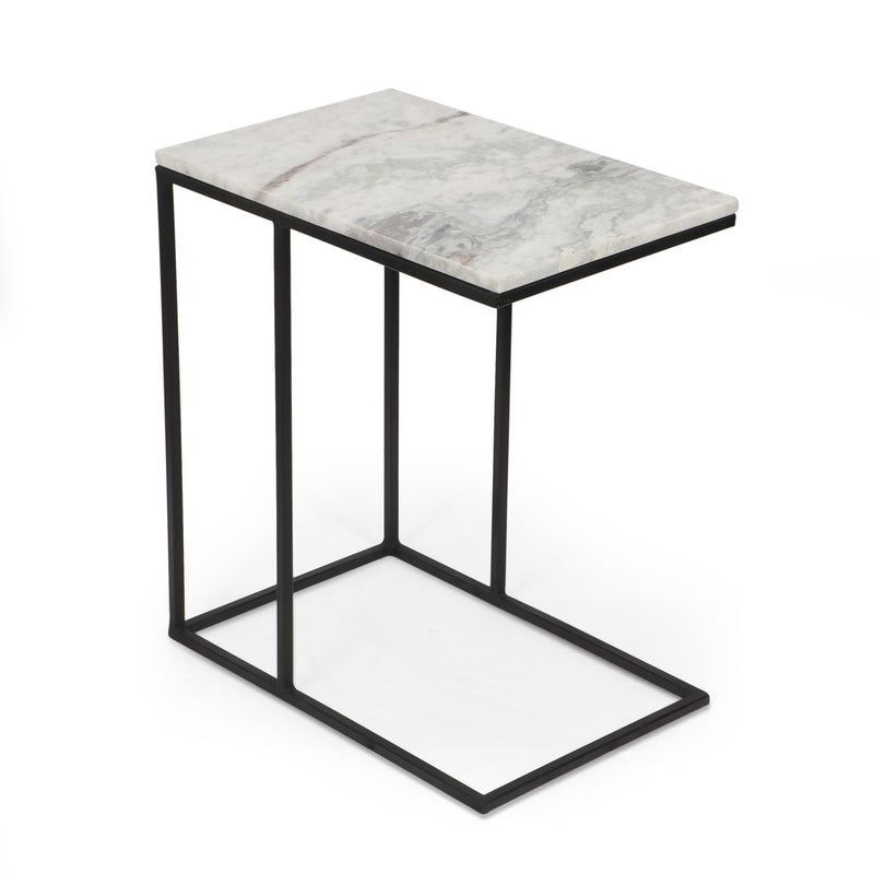 Modern Glam Handcrafted Marble Top C-Shaped Side Table, Natural White and Black - NH487413