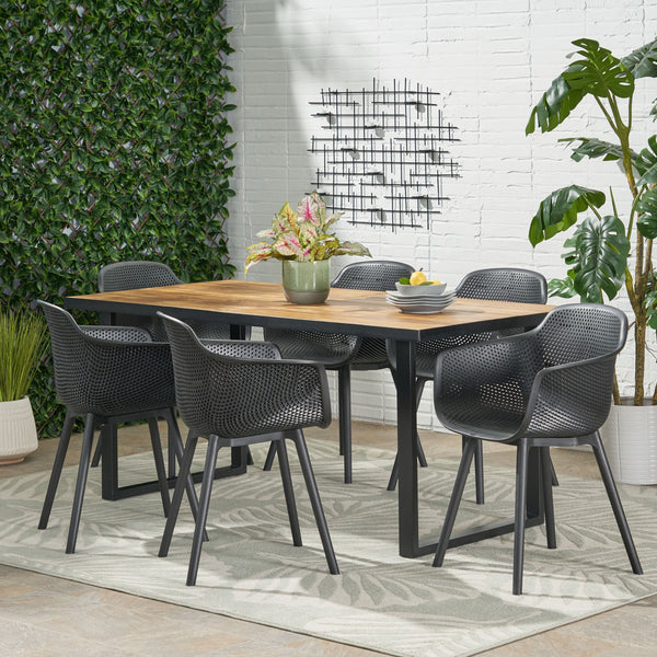 Outdoor Wood and Resin 7 Piece Dining Set, Black and Teak - NH240513