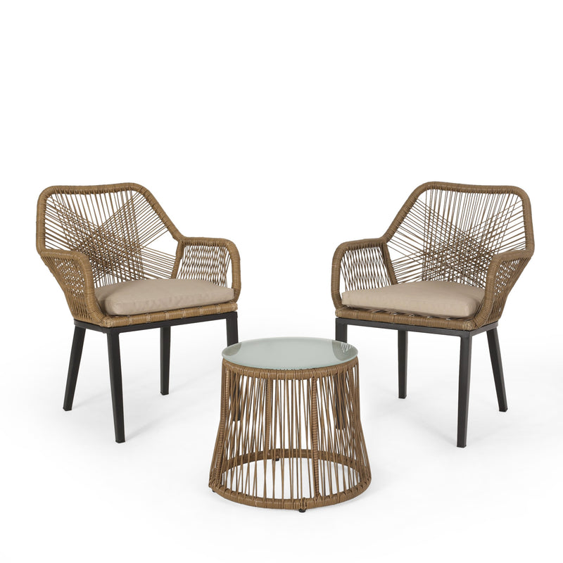 Outdoor Wicker 2 Seater Chat Set, Light Brown and Beige - NH100513