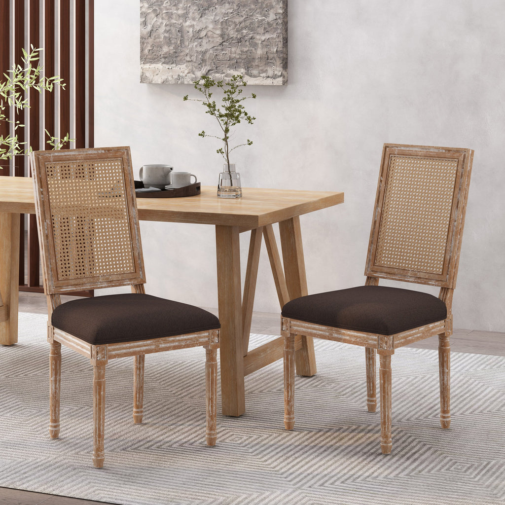 French Country Wood and Cane Upholstered Dining Chair, Set of 2 NH78