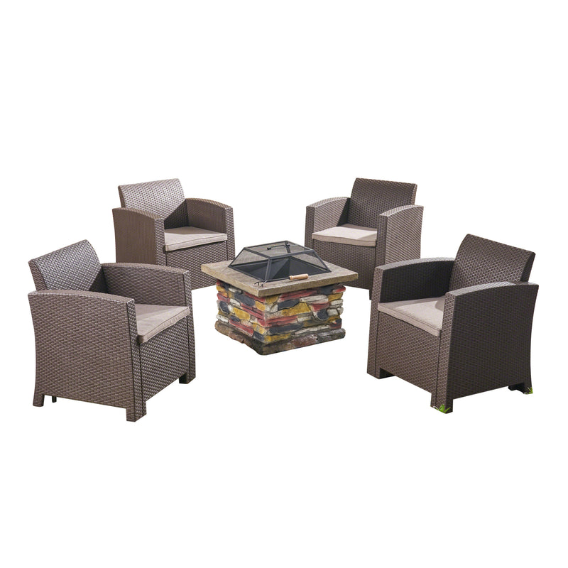 Outdoor 4-Seater Wicker Print Chat Set with Wood Burning Fire Pit, Brown and Mixed Beige and Natural Stone - NH398503