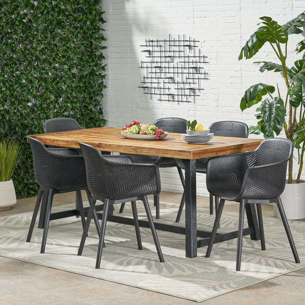 Outdoor Wood and Resin 7 Piece Dining Set, Black and Sandblasted Teak - NH930513