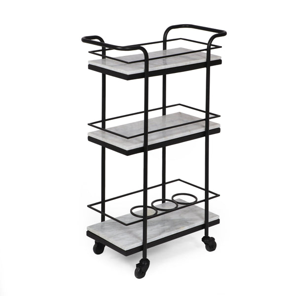 Modern Glam 3 Tier Bar Cart with Marble Shelving, Black and White - NH690513