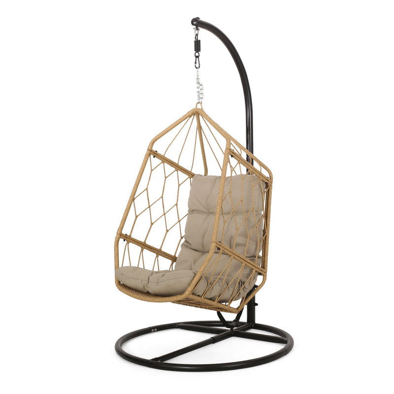 Outdoor Wicker Hanging Chair with Stand, Light Brown and Tan - NH492413