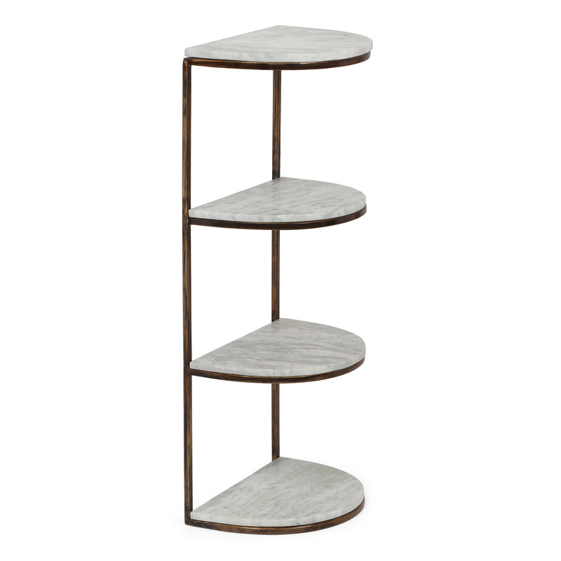 Modern Glam Handcrafted Marble Half Round Etagere Bookcase, Natural White and Antique Brass - NH339413