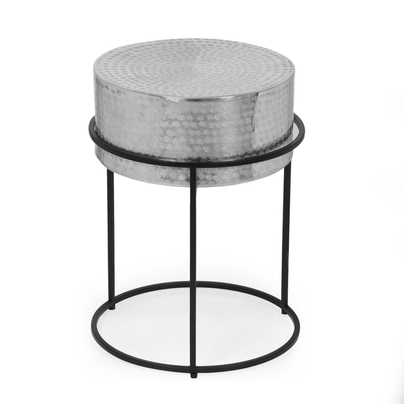 Modern Handcrafted Aluminum Round Side Table, Silver and Black - NH910513