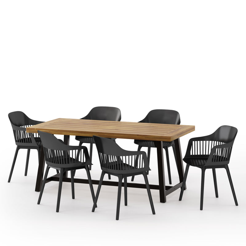 Outdoor Wood and Resin 7 Piece Dining Set, Black and Sandblasted Teak - NH830513