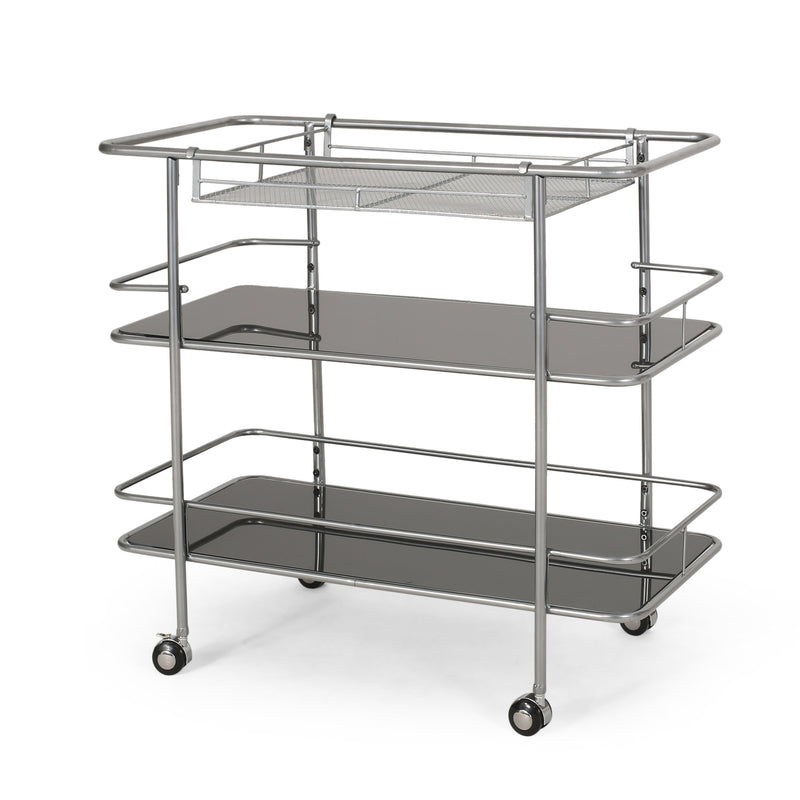 Modern 3 Tier Bar Cart with Glass Shelving, Silver and Black - NH590513