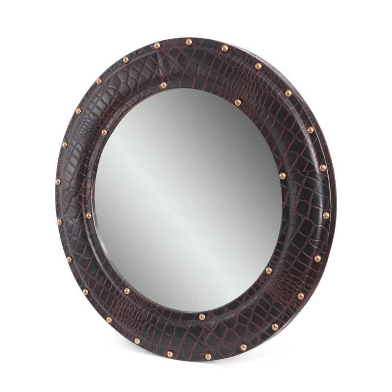 Handcrafted Boho Studded Croco Leather Round Wall Mirror - NH590413