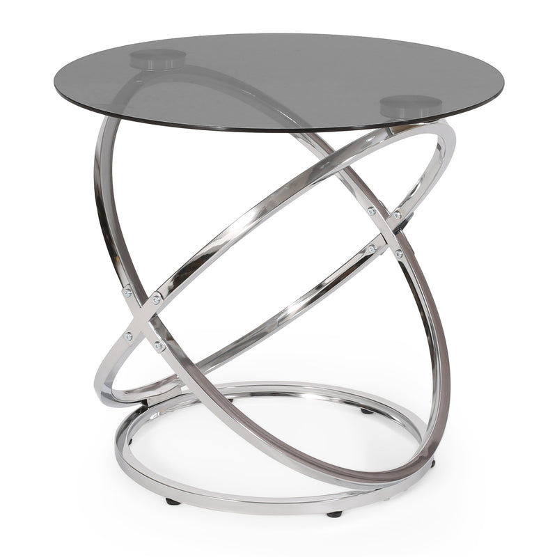 Modern Glass Top Round Side Table, Gray and Chrome - NH126413