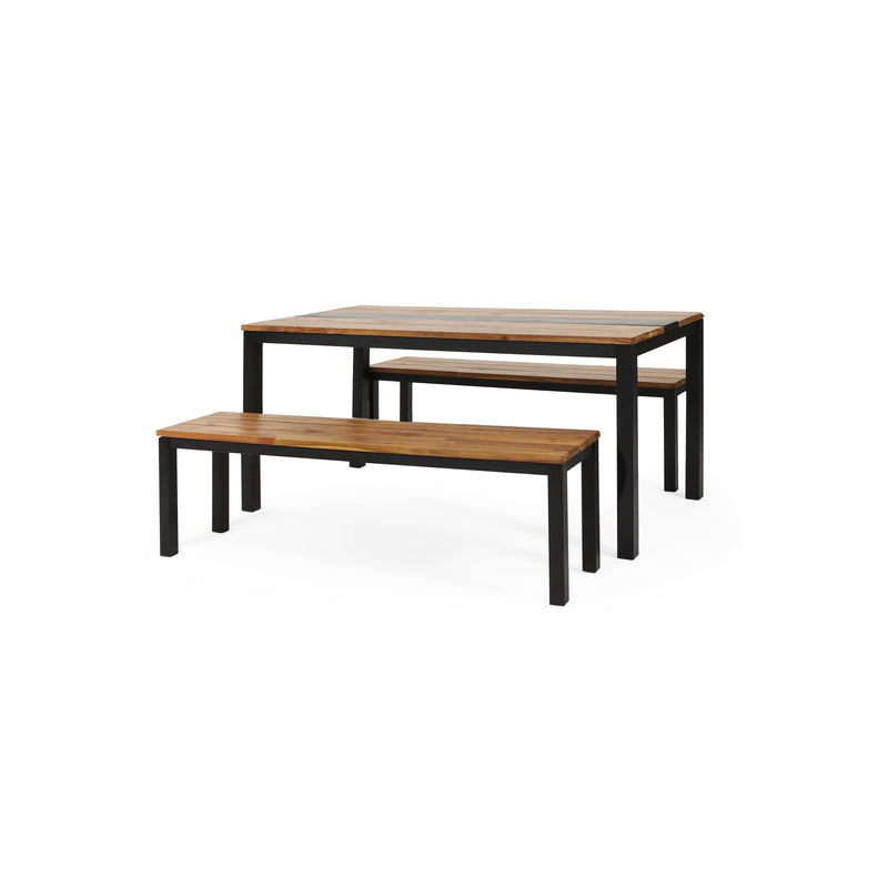 Colcord Outdoor Modern Industrial Acacia Wood 3 Piece Picnic Set, Teak and Black