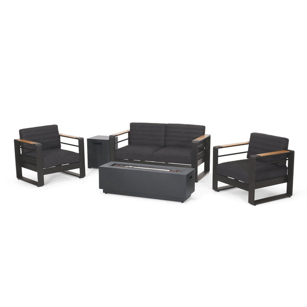 Outdoor Aluminum 4 Seater Chat Set with Fire Pit, Black, Natural, and Dark Gray - NH634413
