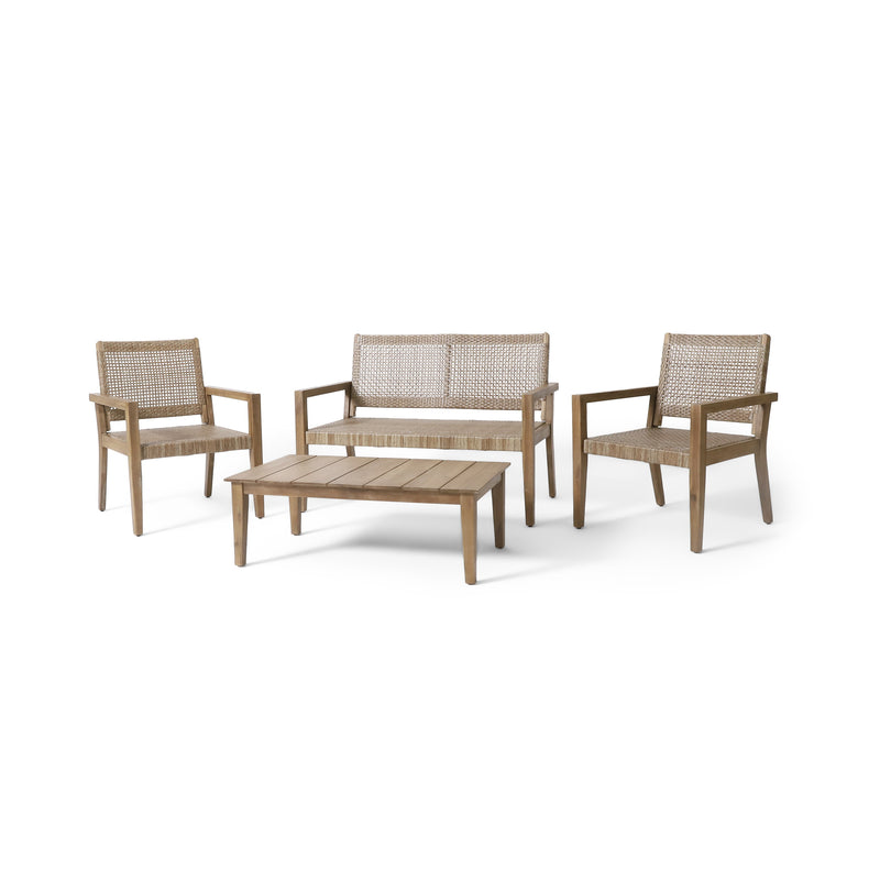 Elmcrest Outdoor Wicker and Acacia Wood 4 Seater Chat Set, Light Multibrown and Light Brown