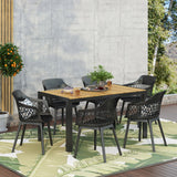 Outdoor Wood and Resin 7 Piece Dining Set, Black and Teak - NH640513