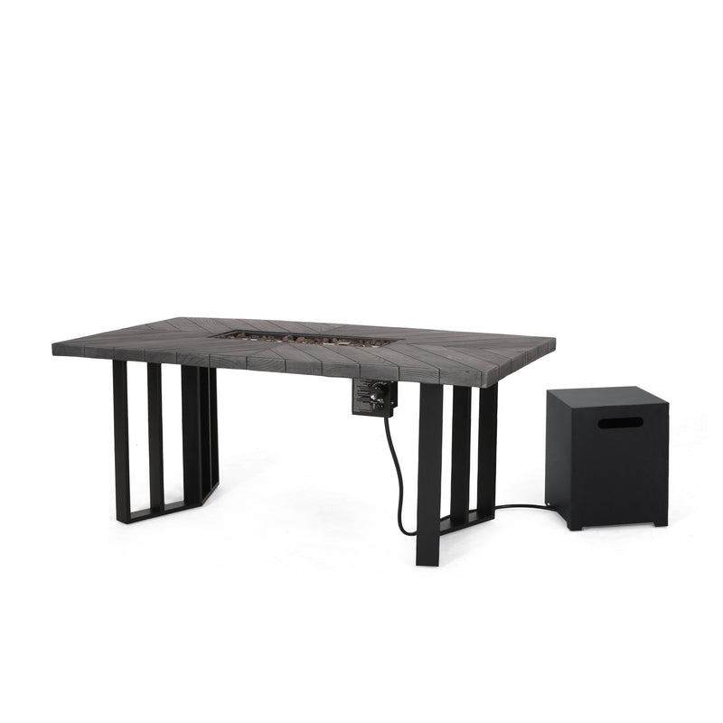 Outdoor 40,000 BTU Fire Pit Dining Table with Tank Holder, Textured Gray Oak, Black, and Dark Gray - NH795513