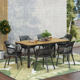 Outdoor Wood and Resin 7 Piece Dining Set, Black and Teak - NH350513