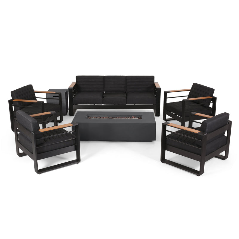 Outdoor Aluminum 7 Seater Chat Set with Fire Pit, Black, Natural, and Dark Gray - NH458413