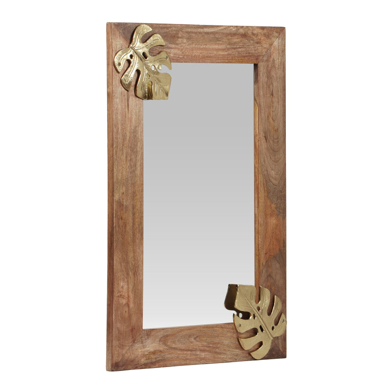 Boho Handcrafted Rectangular Mango Wood Wall Mirror, Natural and Antique Gold - NH384413