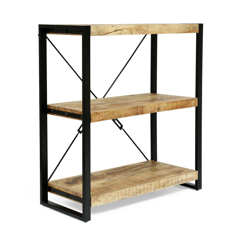 Modern Industrial Handcrafted 3 Shelf Mango Wood Shelving Unit, Natural and Black - NH623413