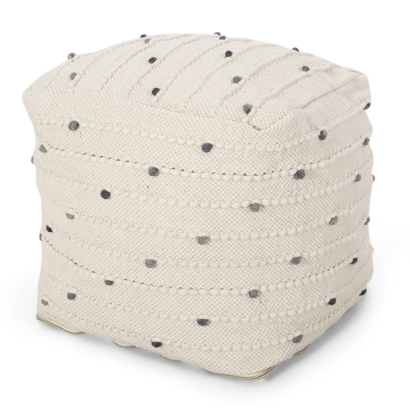 Boho Handcrafted Fabric Cube Pouf, Ivory and Blue - NH123413