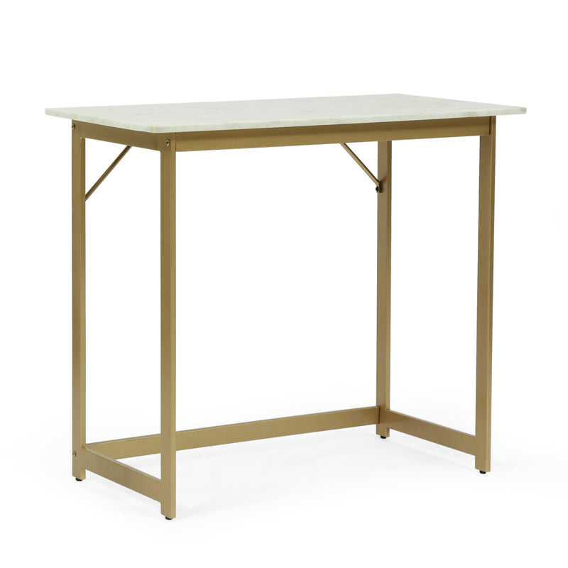 Modern Glam Handcrafted Marble Top Desk, White and Gold - NH364413